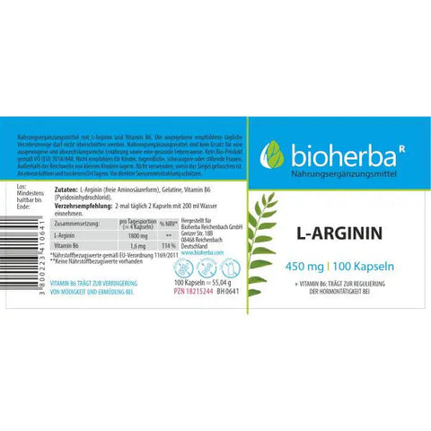 L-Arginin 450 mg Kapseln – mit Vitamin B6 – 100 Stück – für Energie & Hormongleichgewicht