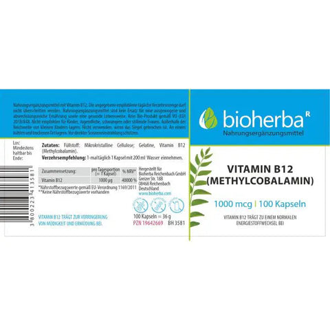 Vitamin B12 (Methylcobalamin) 1000 mcg 100 Kapseln - aktive Form Methylcobalamin
