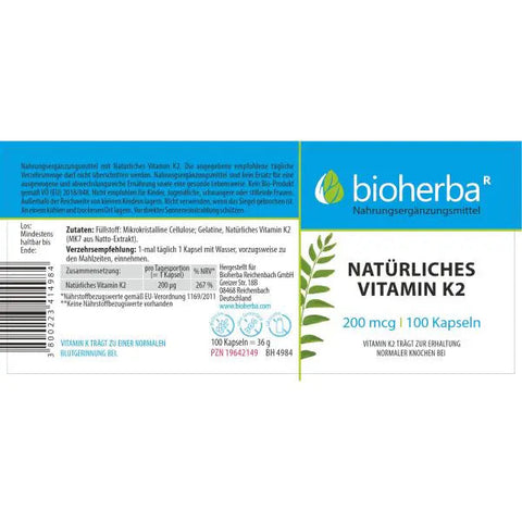 Natürliches Vitamin K2 200 mcg 100 Kapseln