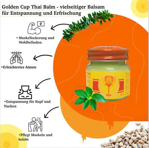 Golden Cup Thai Balm Salbe 22g - Original aus Thailand - mit ätherischen Ölen wie Menthol, Eukalyptus & Kampfer - klassischer Sportbalsam - Alltagshelfer - traditioneller Massagensalbe