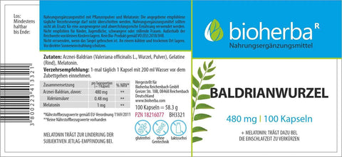Baldrianwurzel Extrakt 480 mg – 100 Kapseln mit Melatonin für die Abendroutine