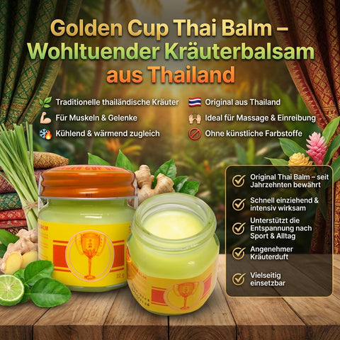 Golden Cup Thai Balm Salbe 22g - Original aus Thailand - mit ätherischen Ölen wie Menthol, Eukalyptus & Kampfer - klassischer Sportbalsam - Alltagshelfer - traditioneller Massagensalbe
