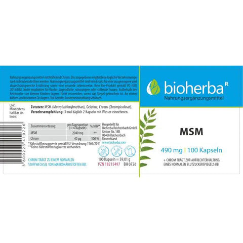 MSM 490 mg + Chrom – 100 Kapseln Stoffwechsel & Blutzuckerbalance