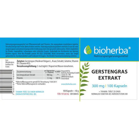 Gerstengras Extrakt 300 mg + Vitamin B1 – 100 Kapseln