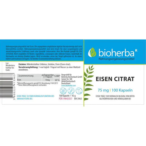 Eisen Citrat 75 mg 100 Kapseln