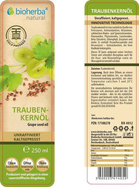 Traubenkernöl kaltgepresst – Natürliches Traubenkernöl 250 ml
