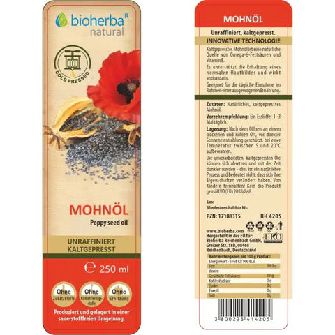 Mohnöl kaltgepresst – Natürliches Mohnsamenöl 250 ml