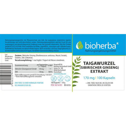 Taigawurzel (Sibirischer Ginseng) Extrakt 170 mg 100 Kapseln