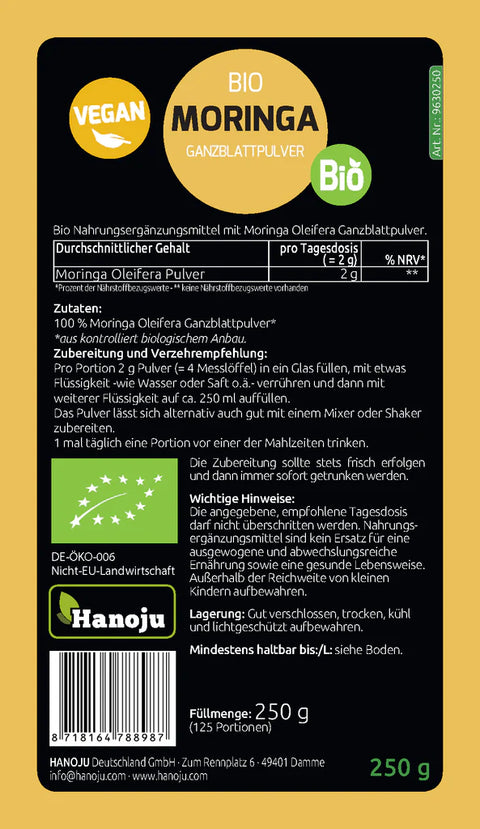Bio Moringa Pulver 250 g – Ganzblatt | Hochwertiges Superfood | Vegan & Naturrein | Deutsche Qualität
