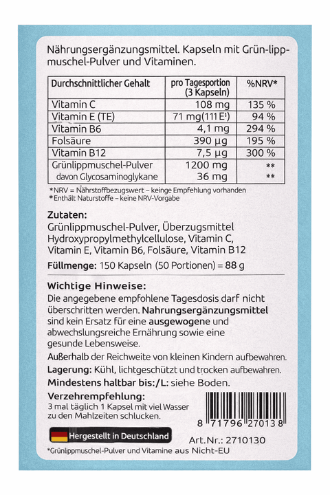 Grünlippmuschel Plus 450 mg – 150 Kapseln | Premium Qualität | HANOJU Deutschland