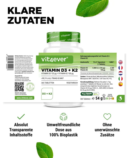 Vitamin D3 5.000 I.E. + Vitamin K2 100 mcg - 365 Tabletten
