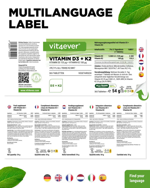 Vitamin D3 5.000 I.E. + Vitamin K2 100 mcg - 365 Tabletten