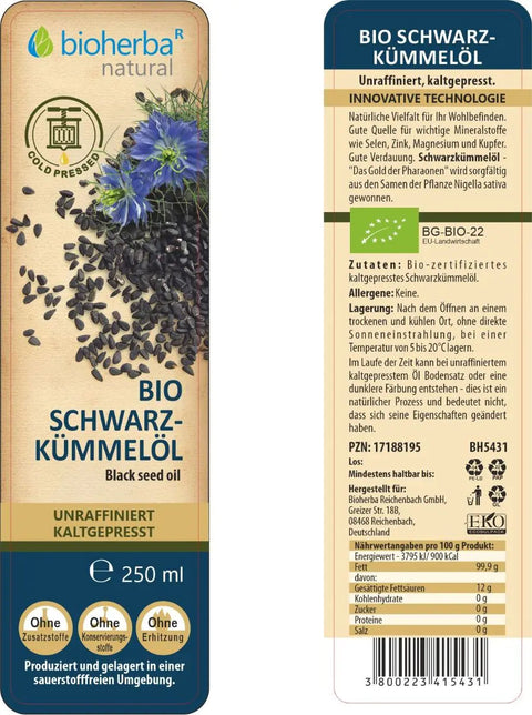 Schwarzkümmelöl 250 ml Bio - kaltgepresst, unraffiniert