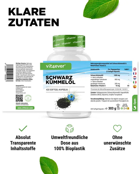 Schwarzkümmelöl - 420 Kapseln - 1000 mg pro Tagesportion