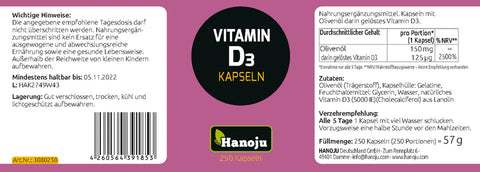 Vitamin D3 5000 IE Kapseln – 250 Stück mit Olivenöl | Hochdosiert, Immunsystem, Knochen & Energie Original HANOJU Deutschland