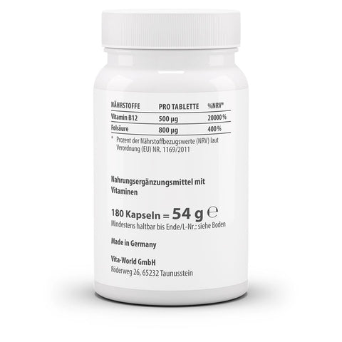 Vitamin B12 - 500 µg - Folsäure - 800 µg - Nahrungsergänzungsmittel - Vlaneo - Shop - kaufen - Günstig - Folsäure für das Nervensystem-Vitamin B12 - 500 µg - Folsäure - 800 µg - 180 - Tabletten - Nahrungsergänzungsmittel - Vlaneo - Shop - kaufen - Günstig