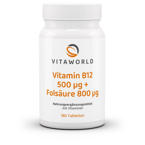 Vitamin B12 - 500 µg - Folsäure - 800 µg - 180 - Tabletten - Nahrungsergänzungsmittel - Vlaneo - Shop - kaufen - Günstig - Folsäure für Energie-Vitamin B12 - 500 µg - Folsäure - 800 µg - Nahrungsergänzungsmittel - Vlaneo - Shop - kaufen - Günstig - Für - 
